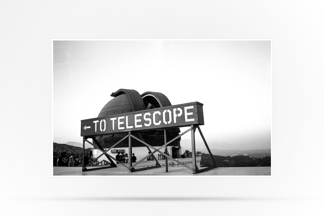 Black and White Photograph of the telescope at Griffith Observatory, Los Angeles