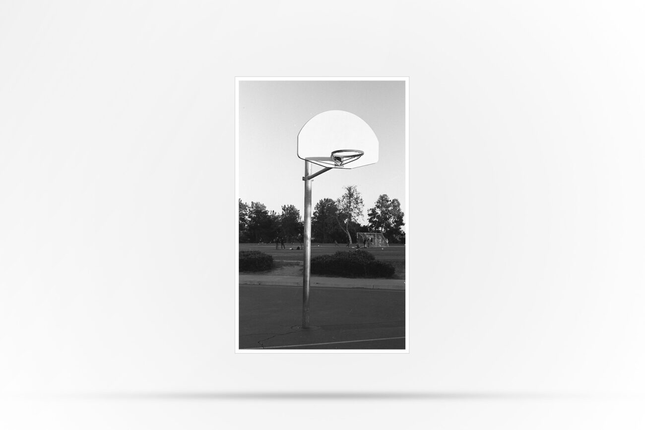 Black and White Photograph of a basketball hoop