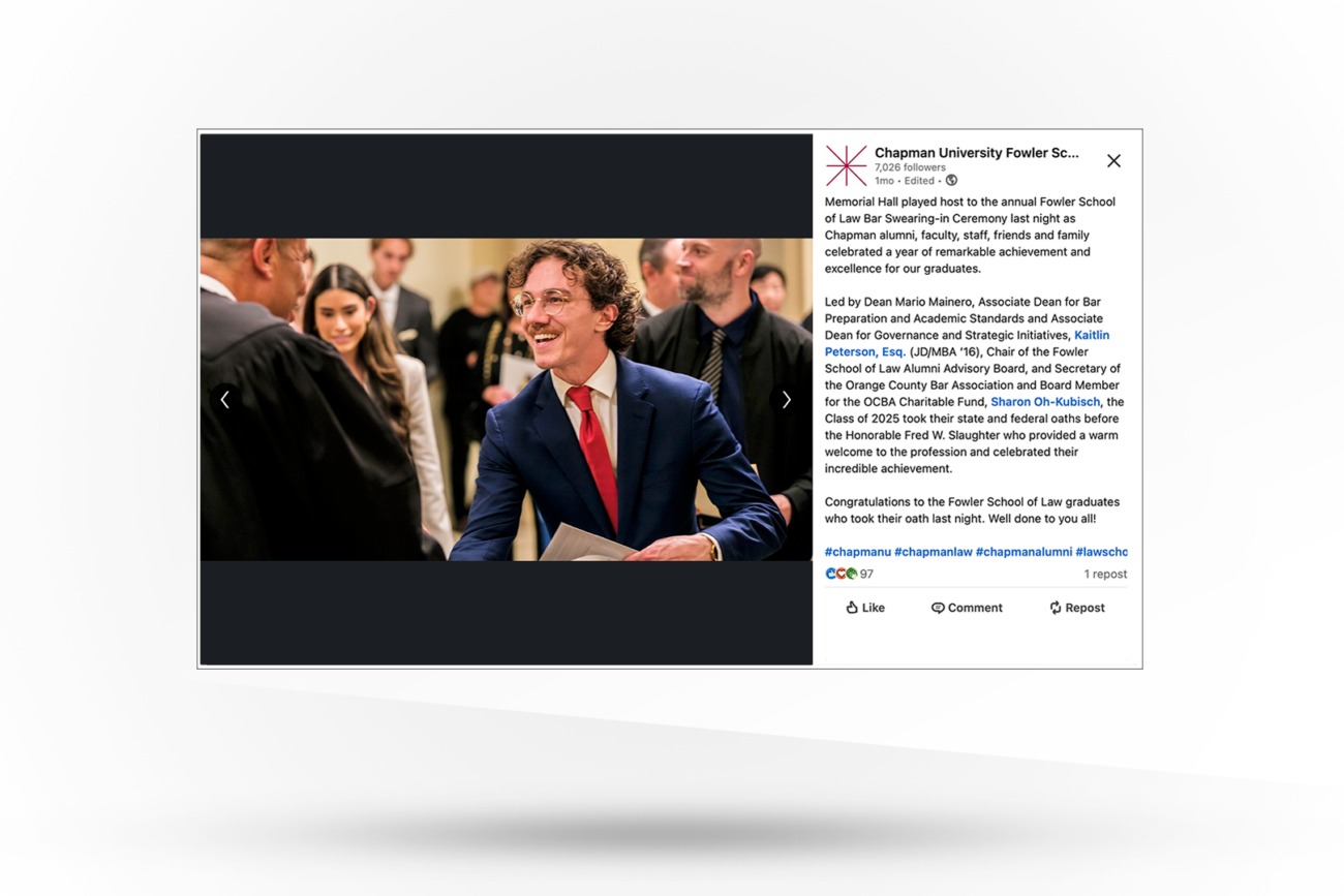 Social Media Card showing a student shaking hands with a judge.